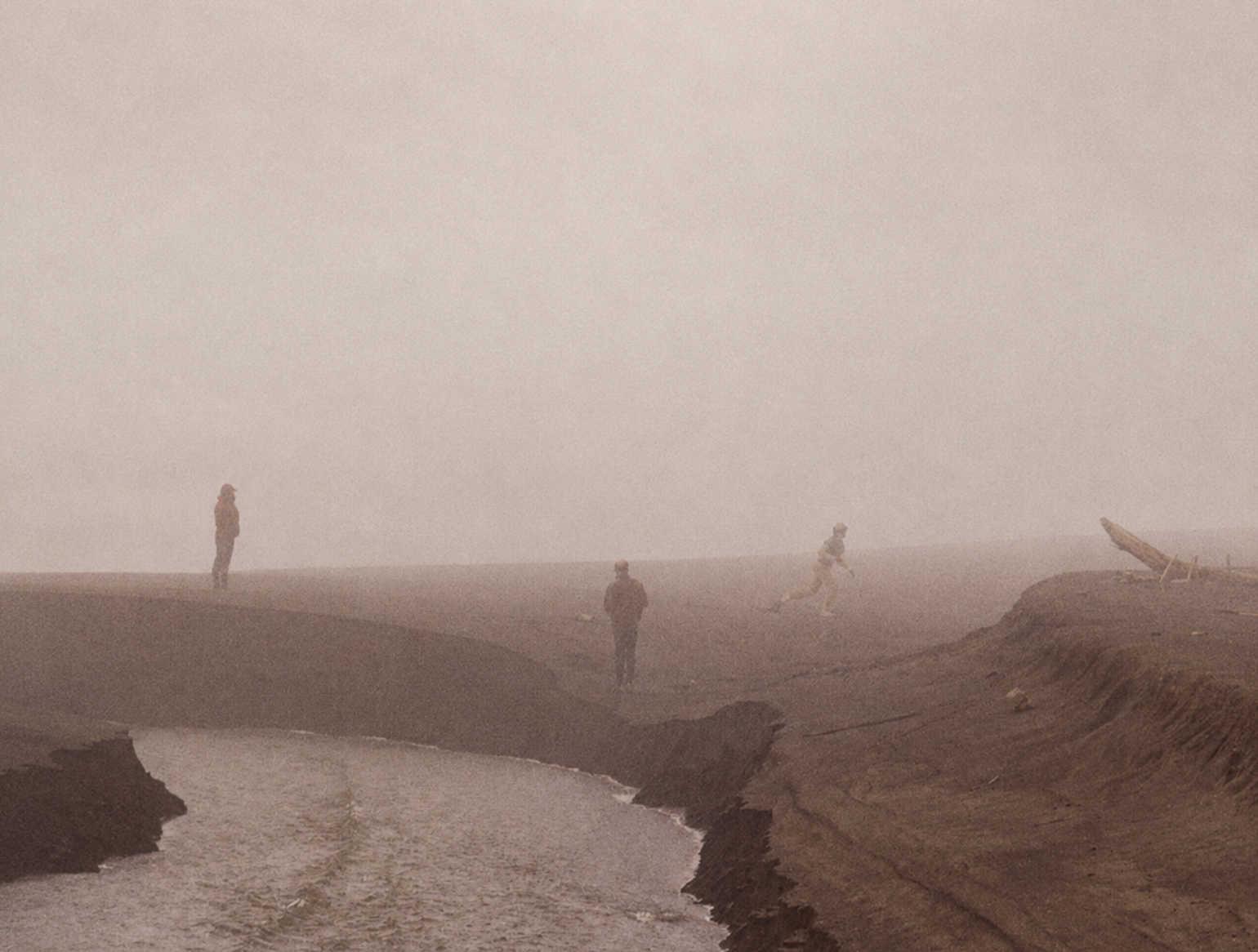 Mad River landscape still with figures in fog